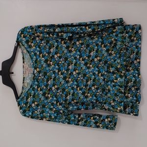 Notations Patterned Blue and Green Top with Attached Front Belt - Size Medium